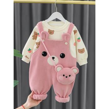 女寶寶冬季套裝加絨洋氣2兒童衣服秋冬童裝嬰兒背帶褲1歲女童冬裝