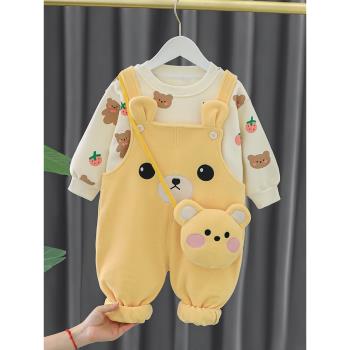 寶寶冬季套裝加絨2兒童衣服秋冬男童冬裝洋氣1歲嬰兒背帶褲兩件套