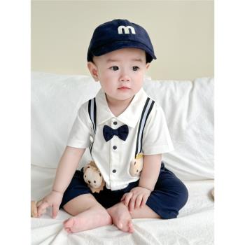 嬰兒衣服夏天連體衣短袖薄百天周歲禮服洋氣男孩寶寶夏季滿月紳士
