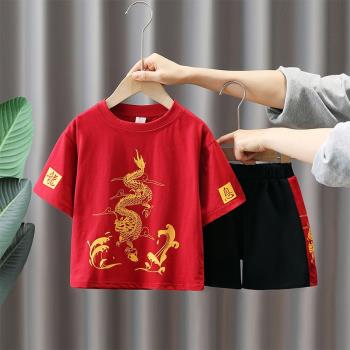童裝男童夏季短袖套裝2024新款夏裝兒童紅色兩件套帥氣中國風衣服