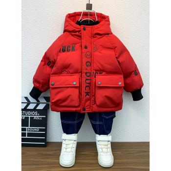 男童棉服冬裝2023新款兒童冬季加厚洋氣羽絨棉衣帥氣紅色過年衣服