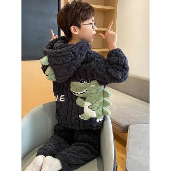 秋冬季長款大童男孩加絨睡衣