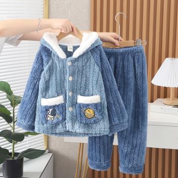 秋冬款兒童單層女童法蘭絨睡衣男童加絨加厚保暖家居服中大童套裝