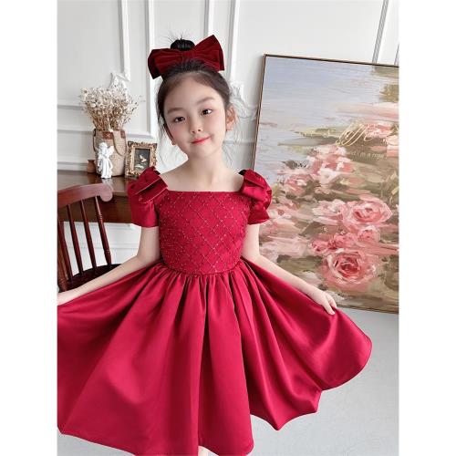 歐式經典緞面酒紅色刺繡亮片花童裙小禮服女童寶寶婚宴連衣裙公主