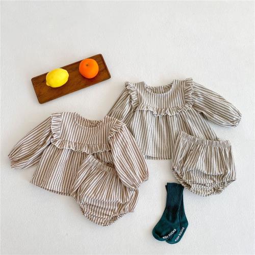 2023春秋棉嬰幼兒童女寶寶荷葉領條紋長袖裙子+面包褲兩件套裝INS