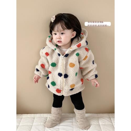 嬰兒外套0-3歲冬裝男女寶寶韓版加絨加厚羊羔絨彩色圓點連帽外套