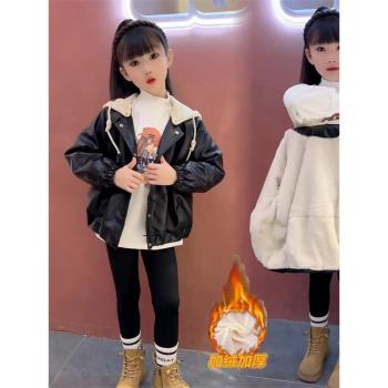 加絨外套秋冬皮夾克小女孩連帽