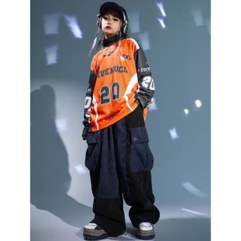 兒童街舞服男童嘻哈拼色上衣工裝褲hiphop元旦演出服女童爵士舞服