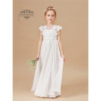 兒童禮服女秋白色花童婚禮小女孩禮服鋼琴演出服周歲生日禮服新款
