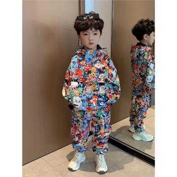 男童春秋運動加厚夾棉套裝2024新款兒童春季沖鋒衣痞帥寶寶童裝潮