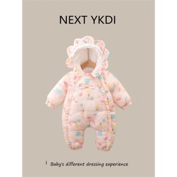 英國NEXT秋冬款嬰兒連體衣服套裝加厚加絨保暖女寶寶哈衣外出抱衣
