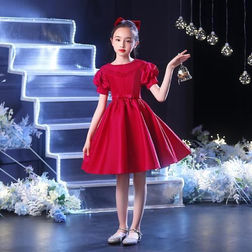 女童周歲生日禮服紅色兒童主持人花童公主裙小女孩鋼琴演出服夏季
