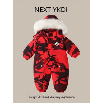 英國NEXT冬季嬰兒羽絨服百天寶寶迷彩滑雪服連體衣兒童爬服哈衣厚