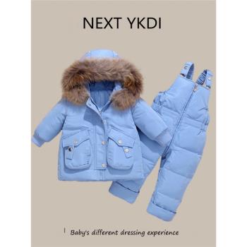 英國NEXT冬季兒童羽絨服套裝男女寶寶大毛領嬰兒背帶褲免疫兩件套