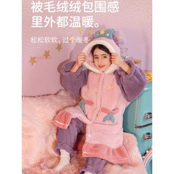兒童法蘭絨睡衣冬季女童睡袍珊瑚絨加厚款套裝中大童美人魚家居服