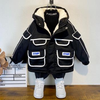 男童冬季棉衣外套2024新款兒童加厚棉服潮酷寶寶時髦加絨棉襖童裝