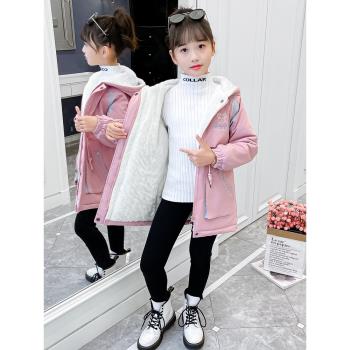 女童派克服秋冬2024新款洋氣中大童加絨冬裝外套加厚冬季兒童風衣