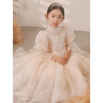 女童高階禮服長袖花童公主裙兒童生日主持人小女孩鋼琴演出服春季