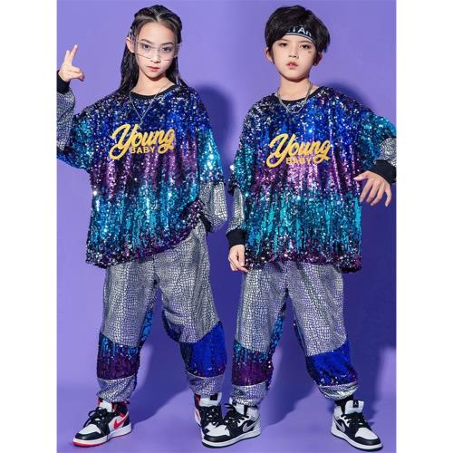 架子鼓演出服男童秋冬亮片酷炫套裝元旦兒童街舞潮服爵士舞表演服