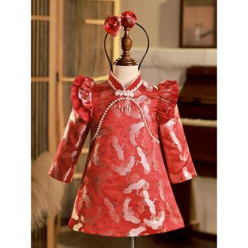 中式女童一週歲冠衣禮服女寶寶國風紅色嬰兒抓周旗袍高階長袖秋冬