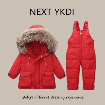 英國NEXT冬季嬰兒羽絨服套裝百天拜年服男女寶寶上衣背帶褲兩件套