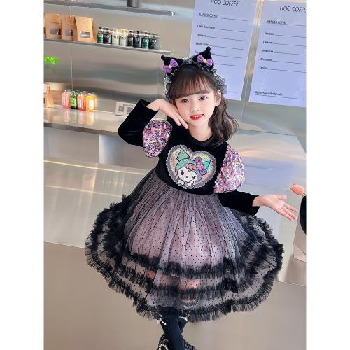 庫洛米衣服女童連衣裙2025新款秋裝洋氣裙子長袖兒童裝絲絨凸凸裙