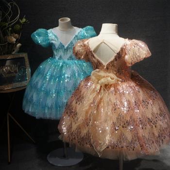 欣入荷泡泡袖短款亮片兒童禮服