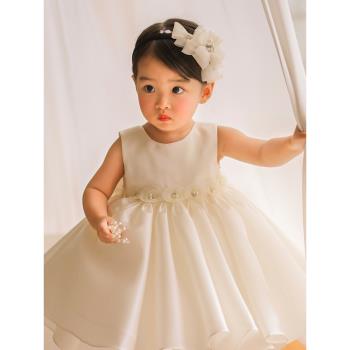 寶寶一週歲禮服百天生日小花童女童婚禮小女孩嬰兒緞面公主裙洋氣