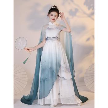 女童禮服高階中大童彈古箏演出服中國風藝考民樂演奏禮服千里江山