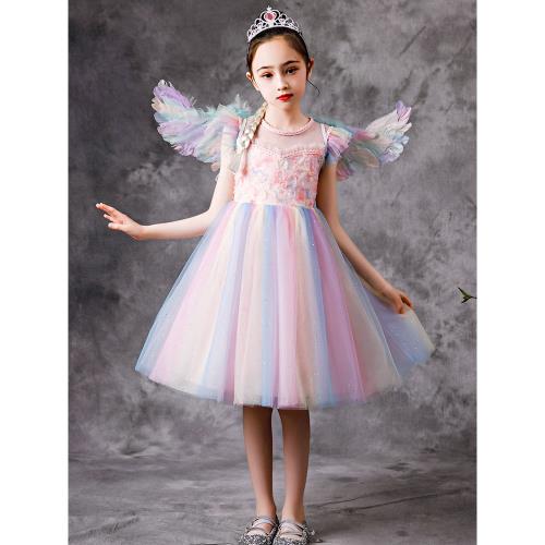 女童連衣裙粉色兒童萬圣節洋氣天使翅膀彩虹裙禮服短袖愛莎公主裙