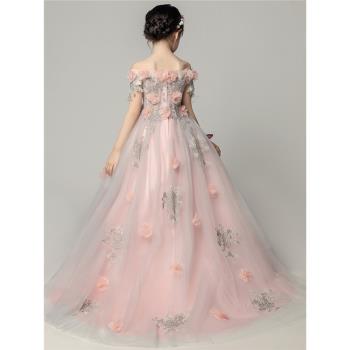 女童晚禮服公主裙兒童拖尾婚紗花童蓬蓬裙粉色主持人鋼琴演出服夏