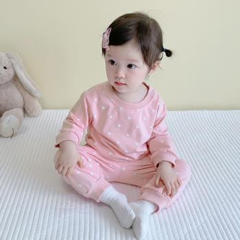 2024新款嬰兒套裝長袖分體女寶寶兩件套純棉愛心可愛T恤長褲秋季