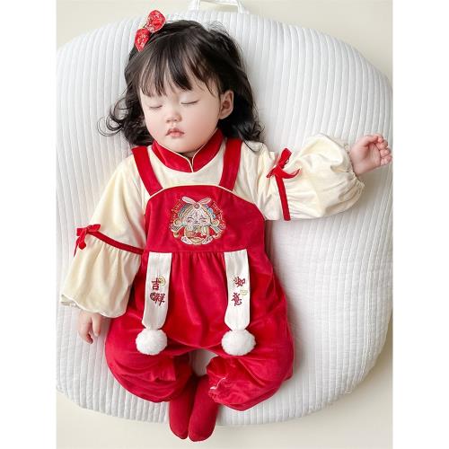 嬰兒衣服冬裝女寶寶漢服連體衣滿月周歲禮服紅色過年拜年服中國風