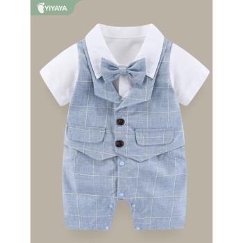 嬰兒夏裝衣服3個月男寶寶短袖連體衣哈衣1周歲滿月禮服新生兒爬服