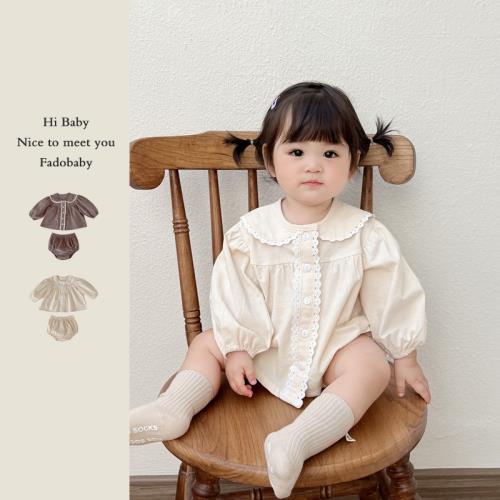 ins韓版2024春秋嬰兒純棉娃娃領長袖衫+三角面包褲女寶寶2件套裝