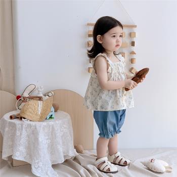 嬰兒碎花娃娃衫上衣短褲兩件套女寶寶夏天透氣薄款衣服套裝外出服