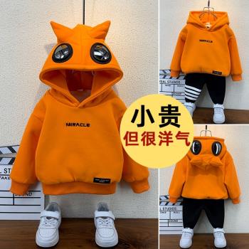 男童加絨衛衣冬裝紅色新年衣服2024新款兒童加厚寶寶冬季連帽童裝
