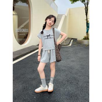 女童夏季休閑短袖套裝2024新款韓版中大童運動短褲網紅上衣兩件套