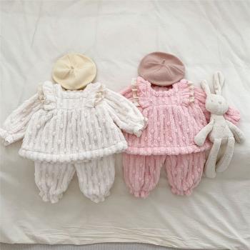 女寶寶家居服套裝秋冬新款兒童加絨加厚衣服嬰幼兒長袖娃娃衫長褲
