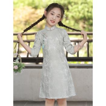 綠色女童新中式旗袍2024新款兒童高階民國風復古小女孩蕾絲連衣裙
