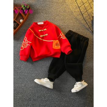 漢服男童冬季加絨衛衣套裝中國風兒童唐裝寶寶元旦演出服周歲禮服