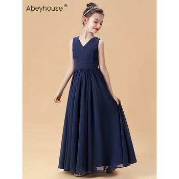 兒童晚禮服女童雪紡公主裙中大童長款鋼琴演出服婚禮花童小伴娘裙