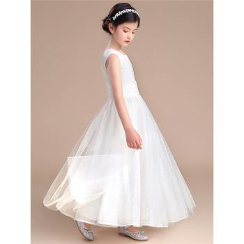 女童禮服高檔亮片公主裙中大童白色小提琴演奏服樂團獨奏主持長裙