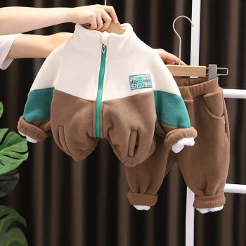 男童運動加絨套裝冬裝2024新款秋冬季寶寶洋氣嬰兒衣服小童兩件套