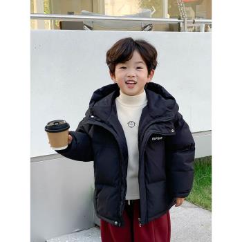 okaidi童裝冬季男童純色連帽字母羽絨服兒童中長款加厚洋氣外套潮
