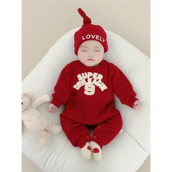 嬰兒過拜年衣服加絨連體衣秋冬季新年裝喜慶男女寶寶紅色哈衣+帽