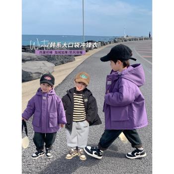 okaidi童裝冬裝男童加絨加厚棉服派克服外套兒童洋氣連帽棉襖上衣