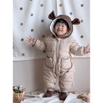 新生兒棉服冬裝加絨連帽連體衣嬰兒保暖加厚外出服寶寶韓版長爬服