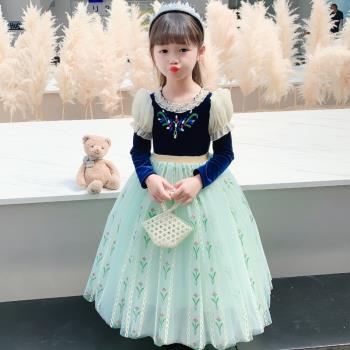 女童冰雪奇緣安娜公主裙cosplay表演裙Anna長袖繡花蓬蓬禮服鋼琴