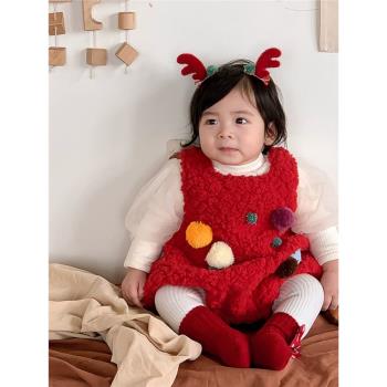 女寶寶新年爬服加厚包屁衣嬰兒冬裝加絨連體衣三角哈衣過年拜年服